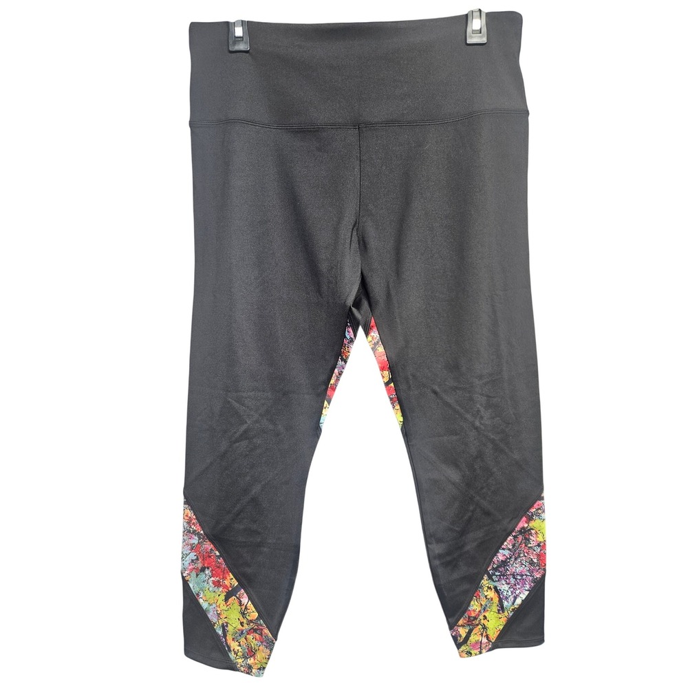 Soulgani Active Womens Black Abstract Paint Splatter Cropped Leggings Size LP